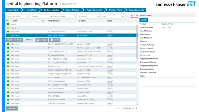 Screenshot van het Central Engineering Platform van Endress+Hauser