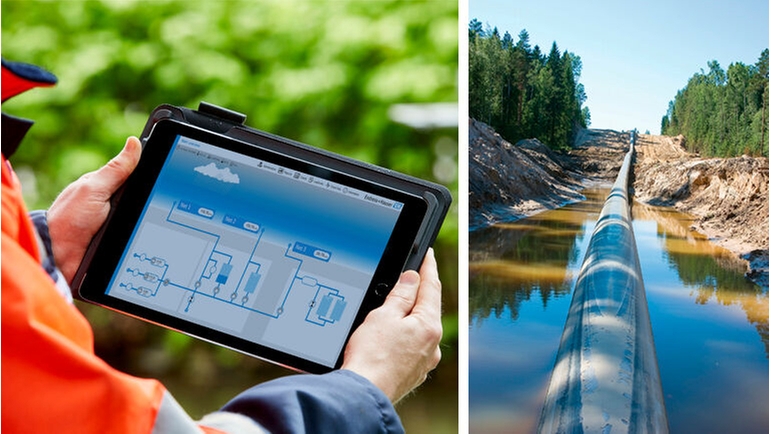 Afbeelding van een Netilion Network Insights dashboard en een buitenwaterleiding