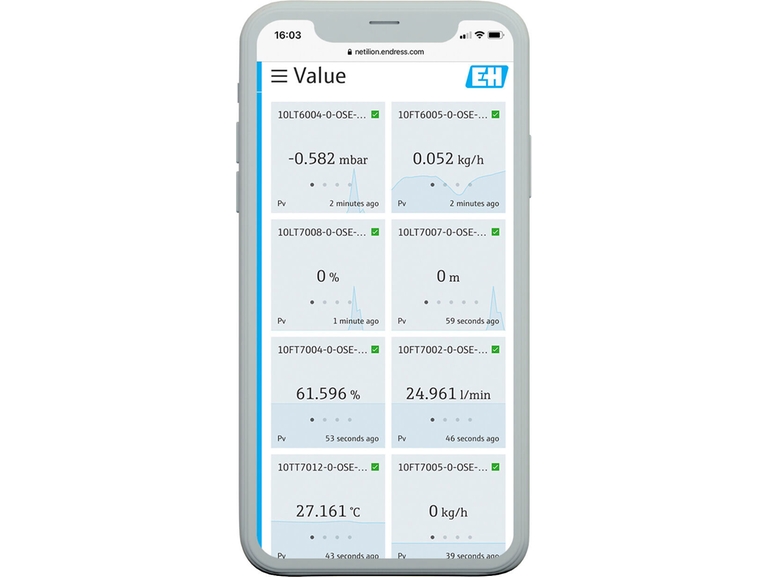 Netilion Value: mobile screenshot of the IIoT based data monitoring service's interface