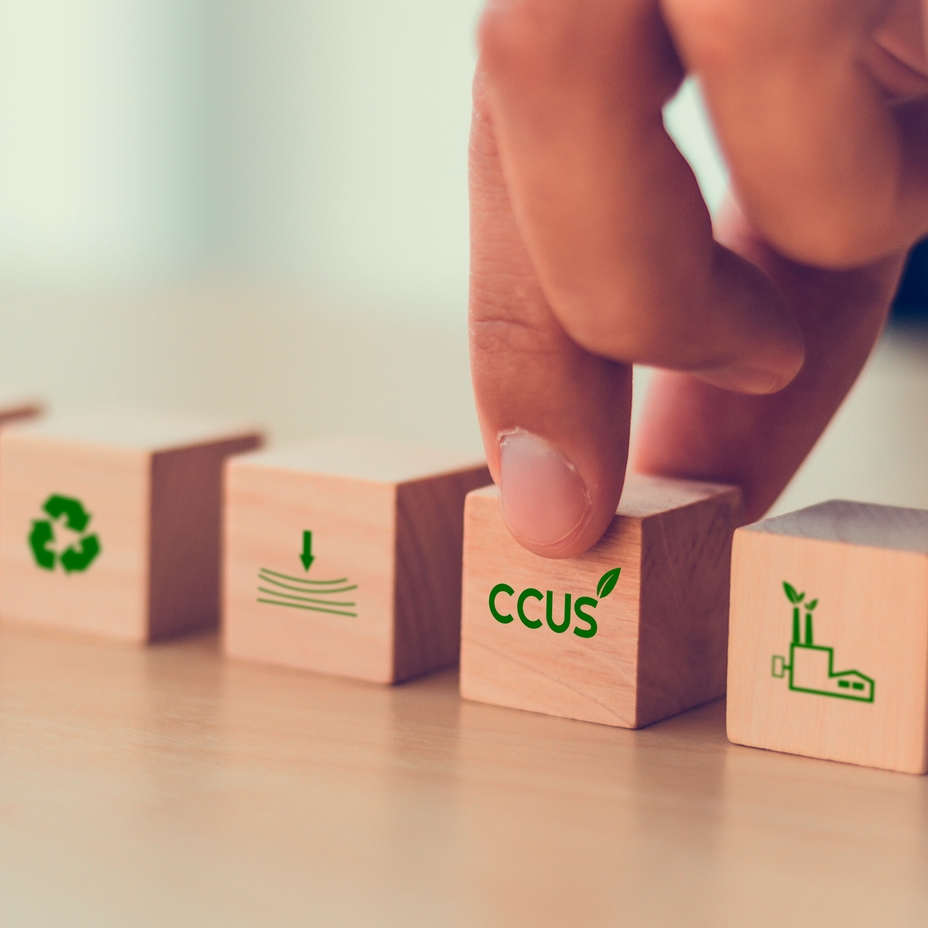 Het koolstofafvang, -gebruik en -opslag (CCUS) concept wordt aangeduid door vijf houten blokken.