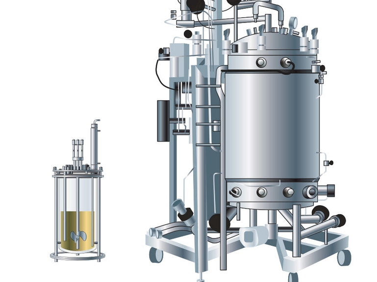 Procesontwikkelingsschaal-bioreactor en een productieschaal-bioreactor voor de life science-industrie Illustraties met een procesontwikkelingsschaal-bioreactor en een productieschaal-bioreactor